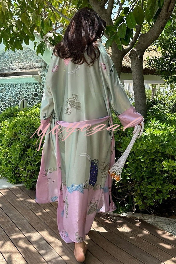 Karty Satin Unique Print Long Sleeve Belt Lapel Kimono Cover-ups