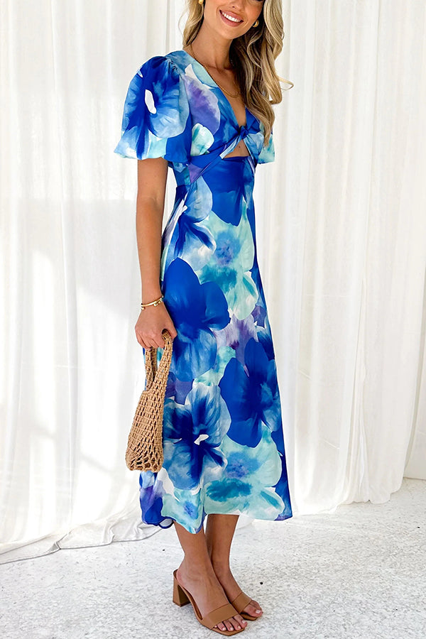 Sophia Floral Print Satin Puff Sleeve Twist Bust Cutout Midi Dress