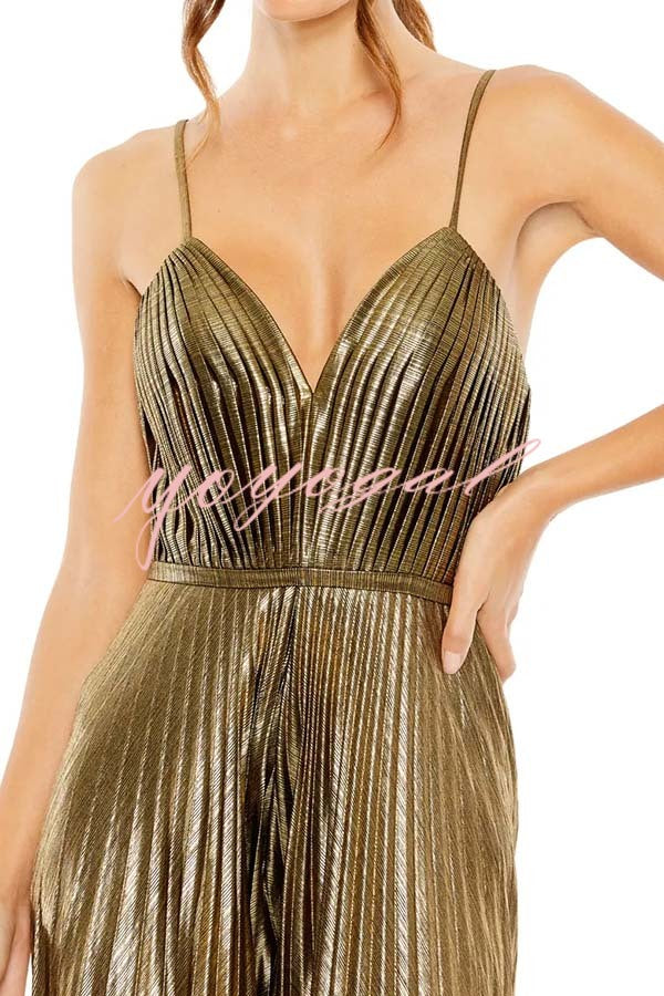 Disco Fashion Metallic Fabric Pleated Pocket Slip Wide Leg Jumpsuit