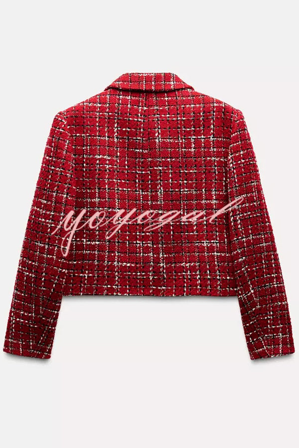 Tweed Plaid Textured Long-sleeved Casual Pocket Jacket