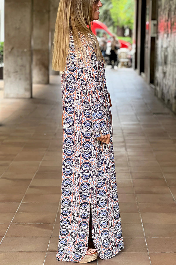 Unique Printed Long Sleeve V-neck Loose Maxi Dress