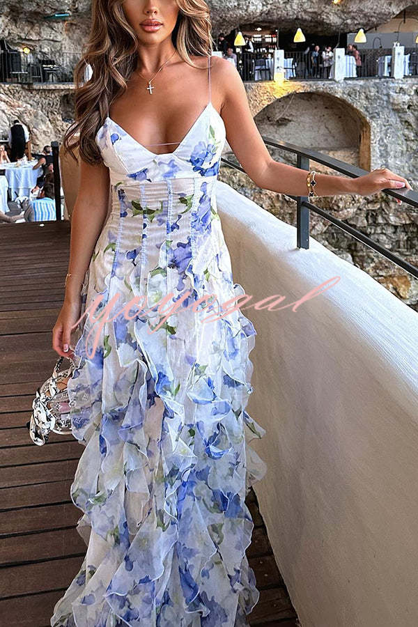 Sunrise Goddess Chiffon Roses Print Ruffles Tiered Trim Maxi Dress