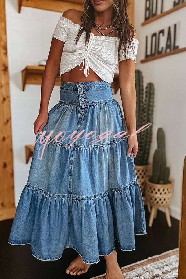 Bohemian High Rise Button Up Loose Denim Pocket Maxi Skirt