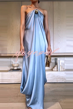 Venus Satin Gold Beaded Off Shoulder Draped Evening Maxi Dress