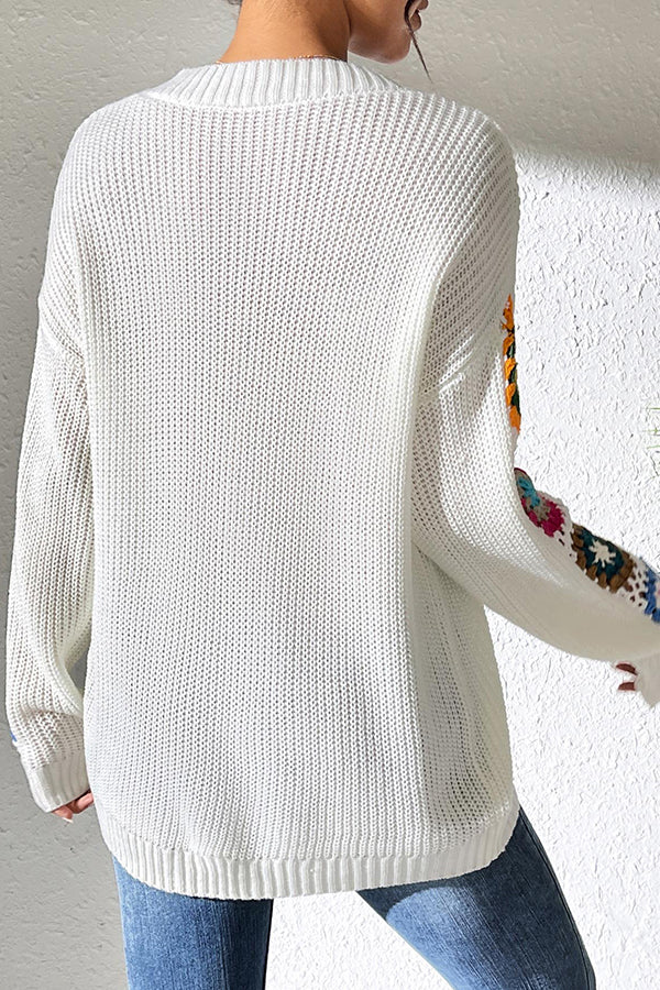 Fashion Hook Flower Long Sleeve V-Neck Loose Knitted Sweater