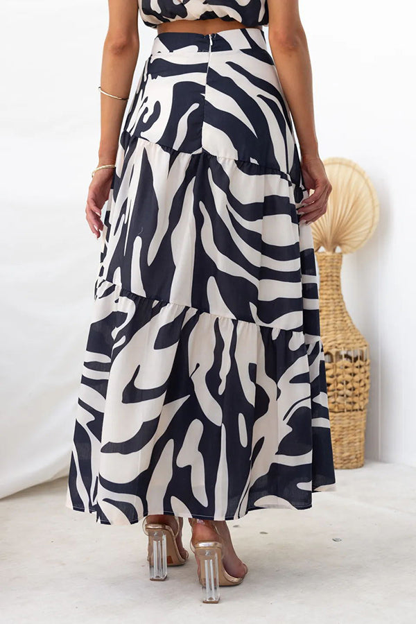 Style Wonderland Abstract Print High Waist Tie-up Maxi Skirt