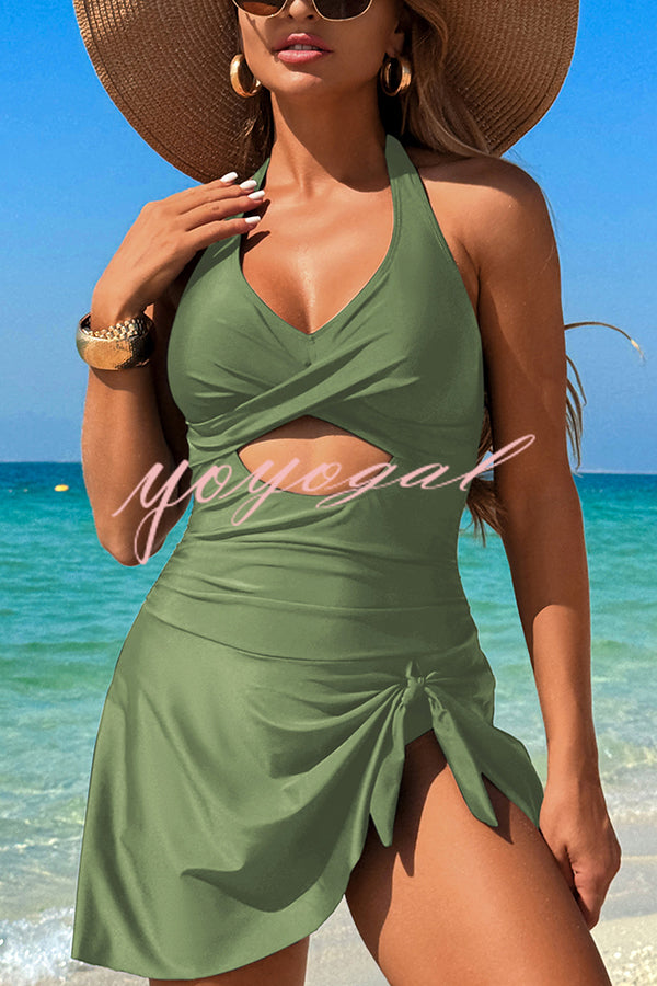 Fashionable Halterneck Waist Hollow Stretch One-piece Swimsuit