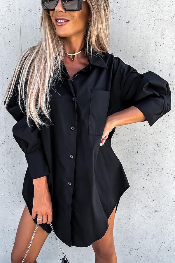 Never Easy Black/White Pocketed Shirt Dress