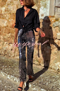 Pursue Shine Sequin High Rise Elastic Waist Flare Pants