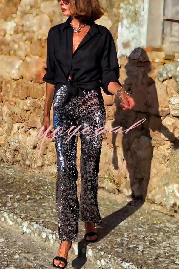 Pursue Shine Sequin High Rise Elastic Waist Flare Pants