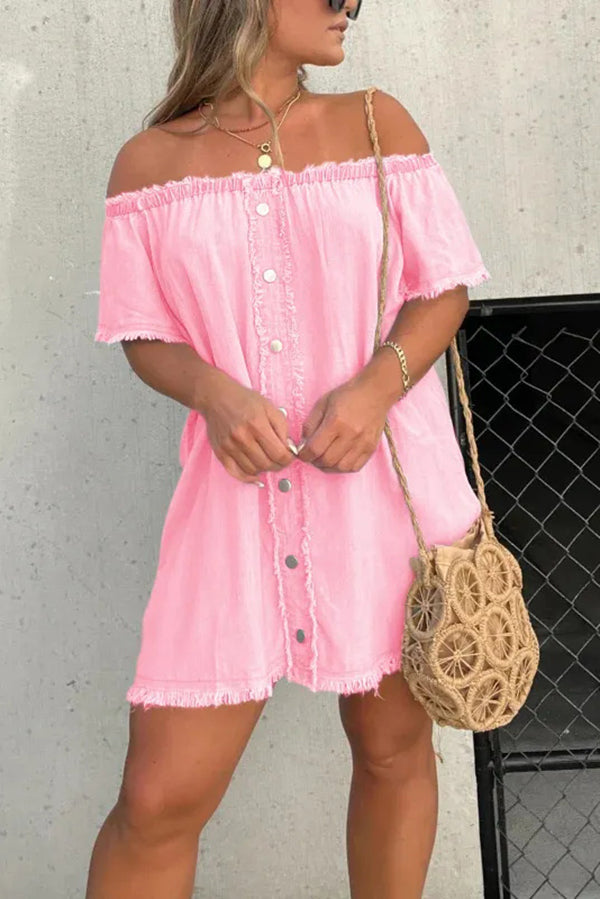 Fashionable Off Shoulder Short-sleeved Loose Denim Mini Dress