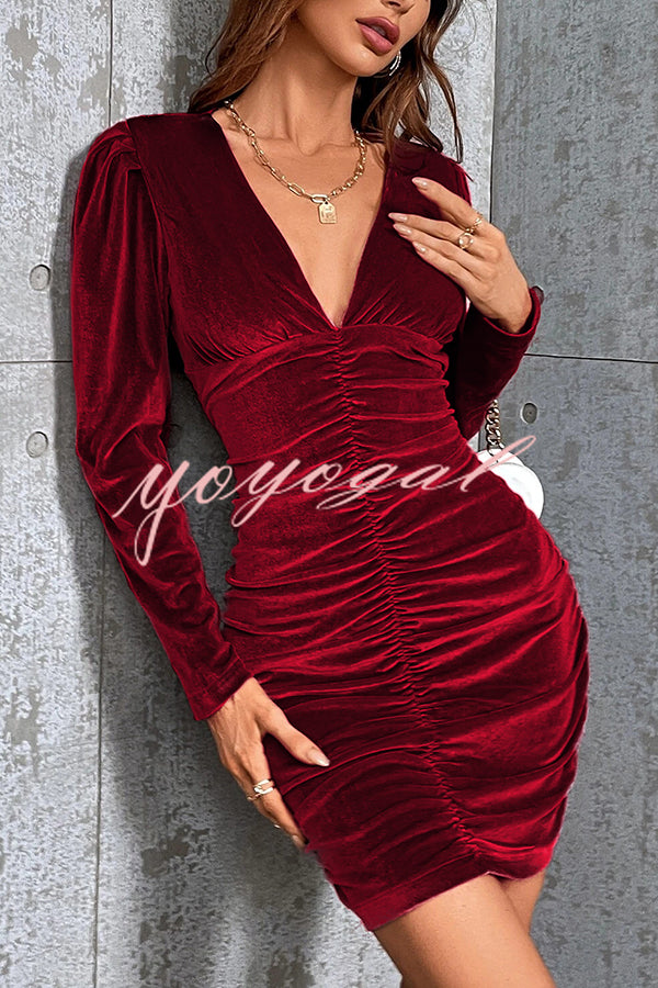 Solid Color Velvet Sexy V-neck Long Sleeve Ruched Mini Dress