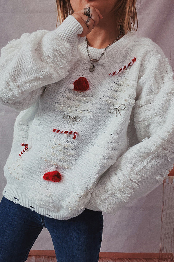 Christmas Pattern Knitted Crew Neck Long Sleeved Sweater