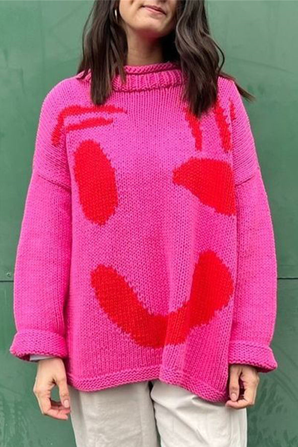 Feel Good Knit Colorful Smiley Face Loose Pullover Sweater