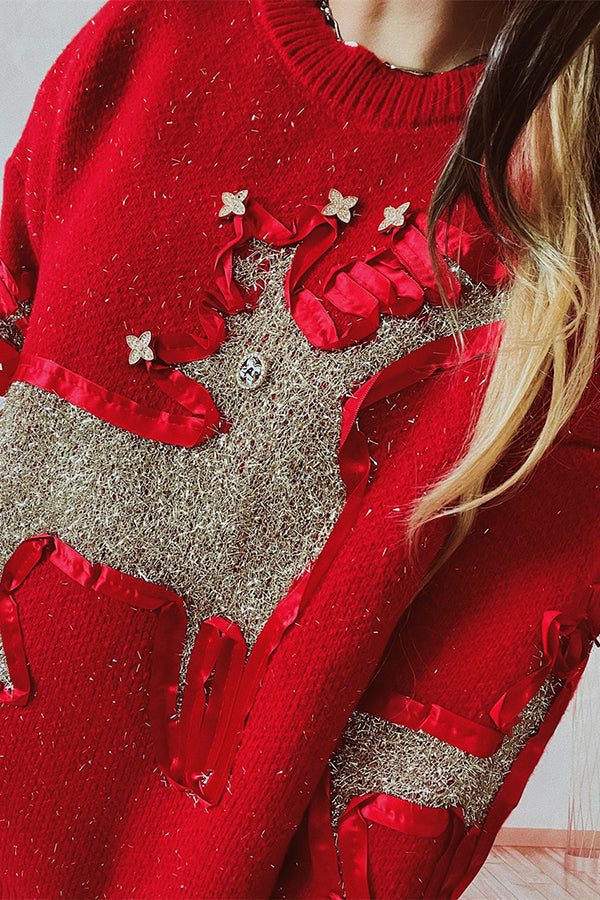 Christmas Pattern Knitted Crew Neck Long Sleeved Sweate