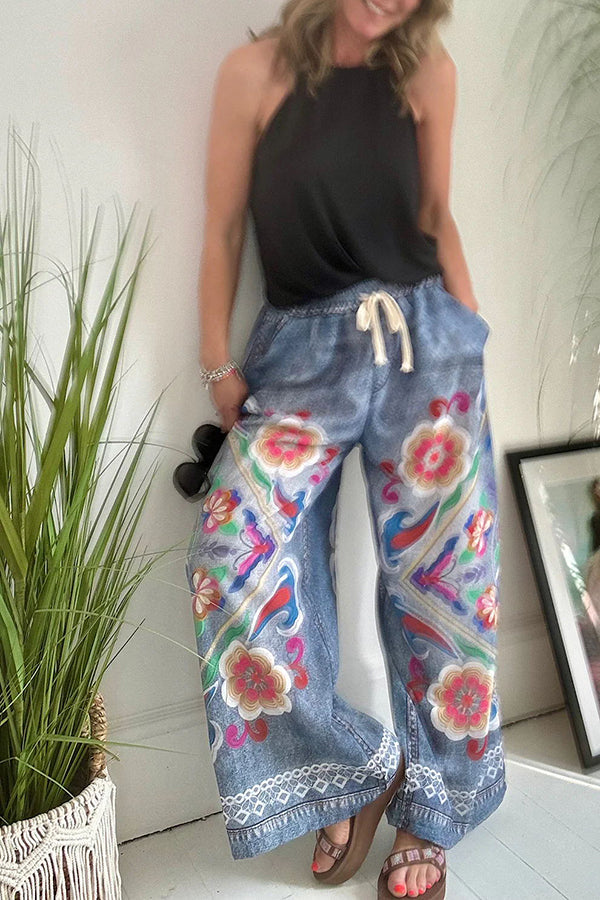 Hippie Style Unique Floral Denim Print Elastic Waist Pocketed Wide Leg Pants