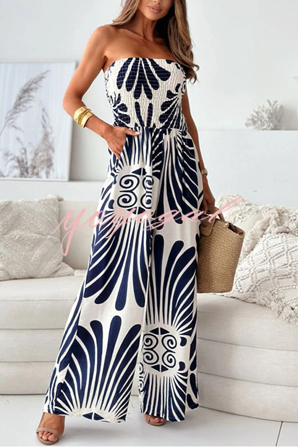 Unique Printed Off-shoulder Pleated Casual Wide-leg Jumpsuit