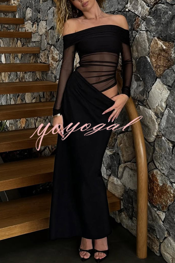 Exquisite Sexy Mesh Patchwork Off Shoulder Cutout Ruched Maxi Dress