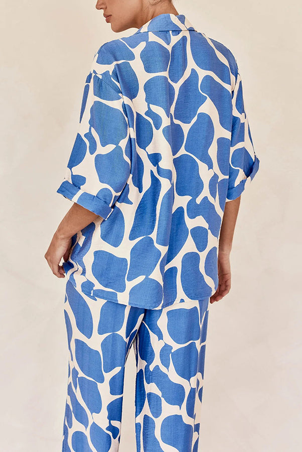 Lazy Beach Days Unique Print Short Sleeve Loose Shirt and Elastic Waist Pants Set