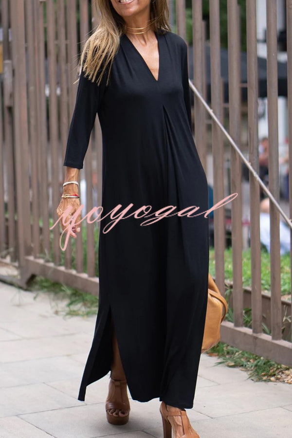 Solid Color V-neck Casual Slit Maxi Dress