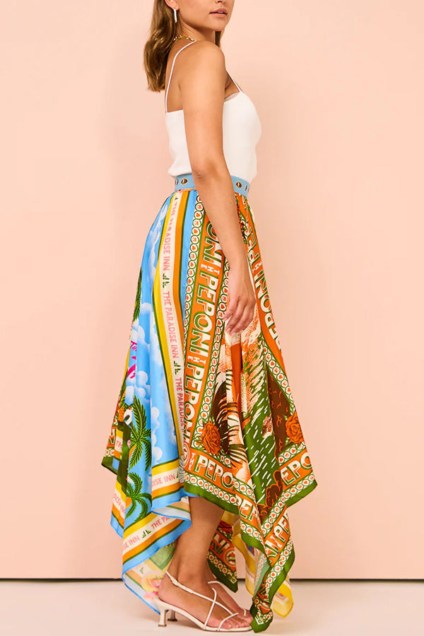 Summer Destination Satin Unique Print Elastic Waist Irregular Hem Maxi Skirt