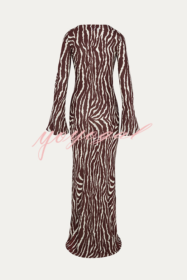 Gia Unique Print Boat Neck Long Bell Sleeve Bias Cut Maxi Dress