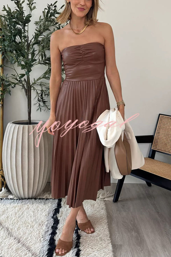 My Juliet Faux Leather Off Shoulder Strapless Pleated Stretch Midi Dress