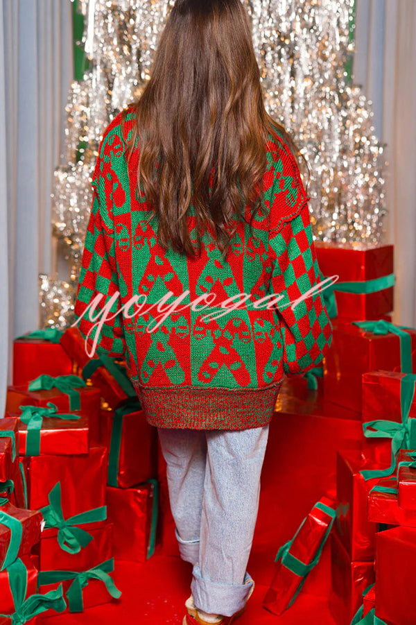 Christmas Candy Plaid Round Neck Long Sleeve Loose Knit Sweater