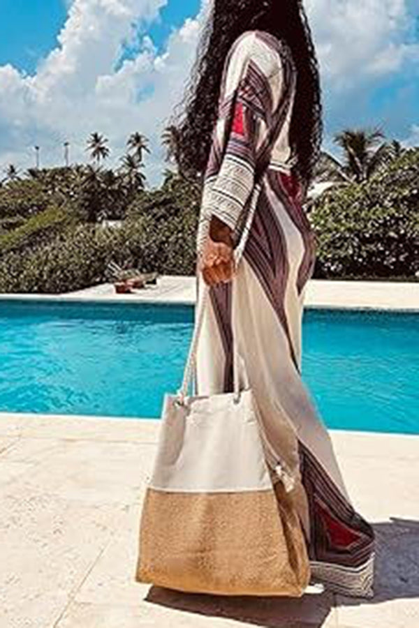 Linen Blend Contrast Patchwork Beach Bag