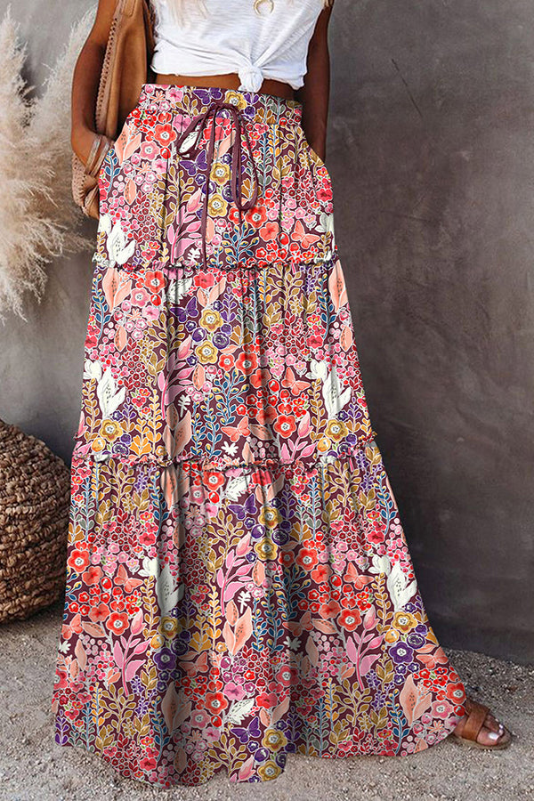 Floral Print Stretch Elastic Waist Pocket High Waist Skirt