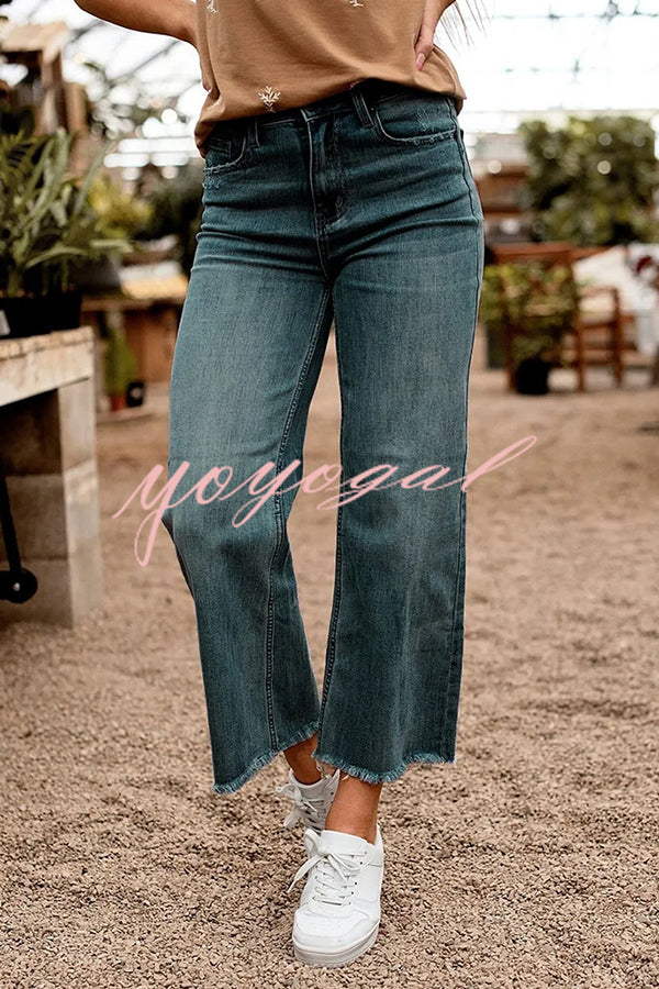 Stylish Raw-edge Mid-rise Pocket Stretch Straight-leg Jeans