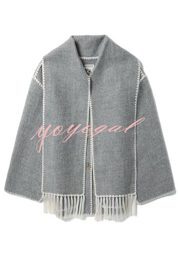 Stylish Loose Pocket Long Sleeve Coat and Warm Fringed Scarf