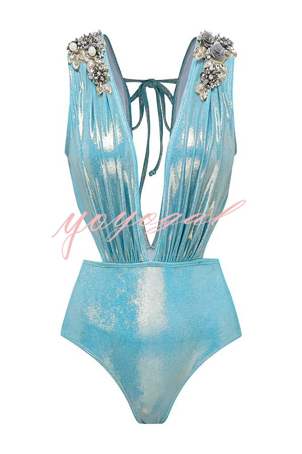 Solid Color Shiny Fabric Deep V Metal Embellished Stretch One-piece Swimsuit