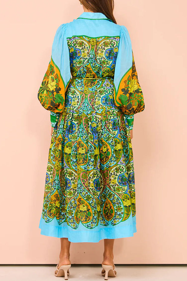 Feeling Butterflies Multi Unique Print Balloon Sleeve Belt Shirt Midi Dress