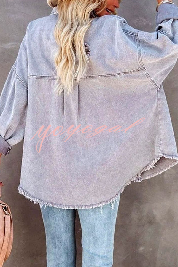 Stylish Lapel Long Sleeve Ripped Denim Jacket