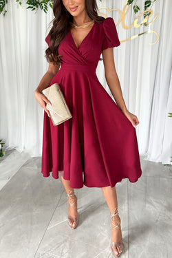 Zayla Solid Color Puff Sleeve V-neck Waist Slim Fit Midi Dress