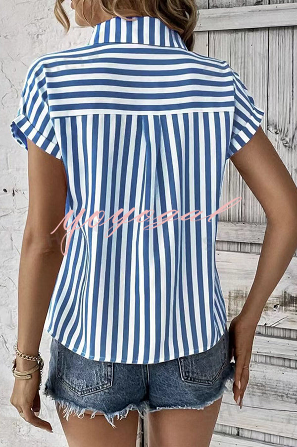 Striped Print Short Sleeve Pocket Shirt Top