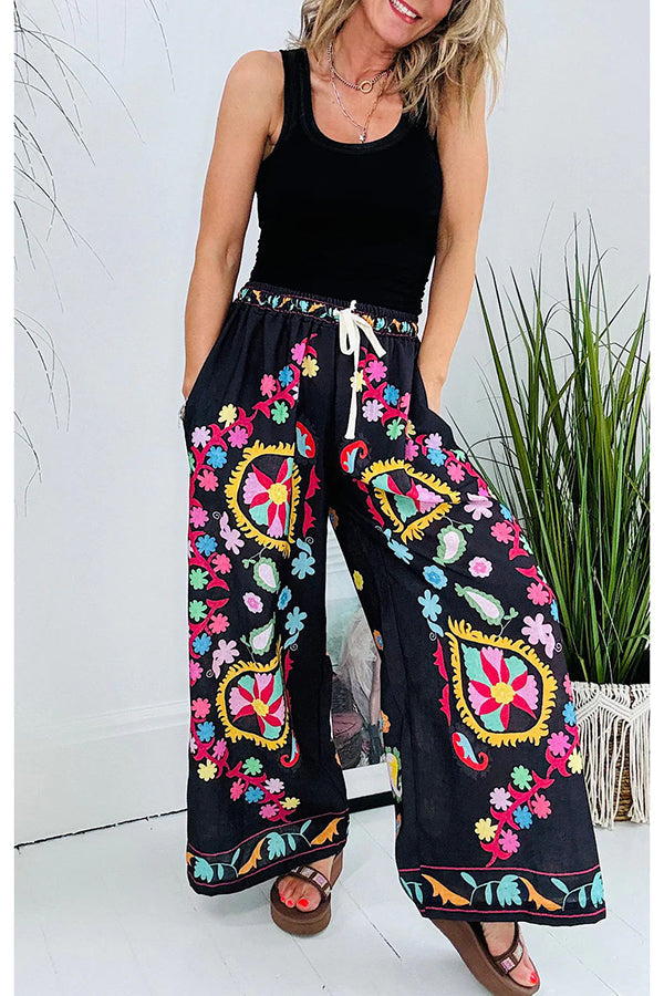 Hippie Style Unique Floral Denim Print Elastic Waist Pocketed Wide Leg Pants