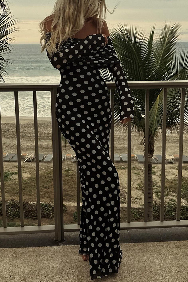 Chic Statement Polka Dot Print Off Shoulder Ruched Stretch Maxi Dress