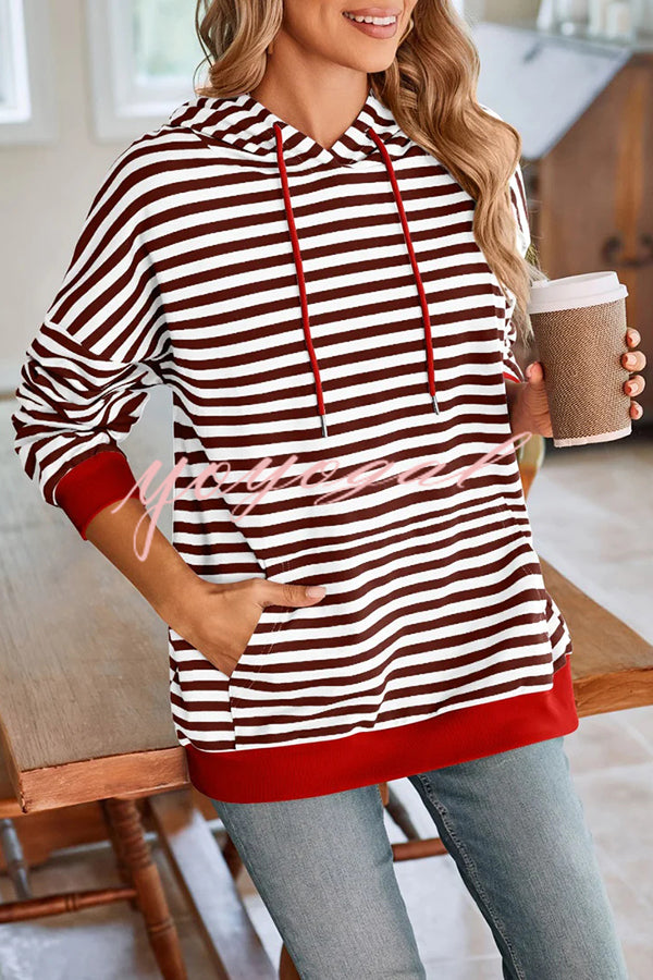 Striped Print Long Sleeve Pocket Loose Hoodie