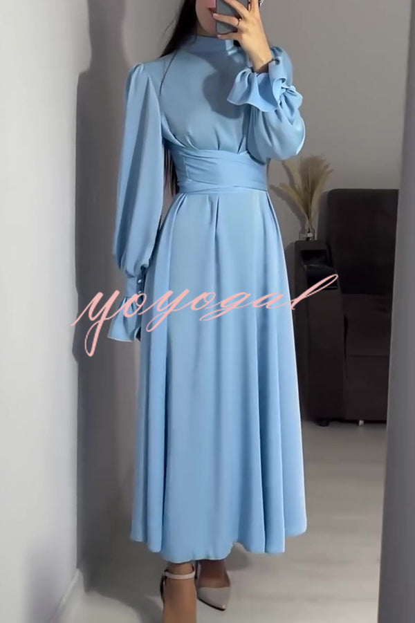 Solid Color Ruffled Sleeves Waisted Tie Slim Fit Maxi Dress