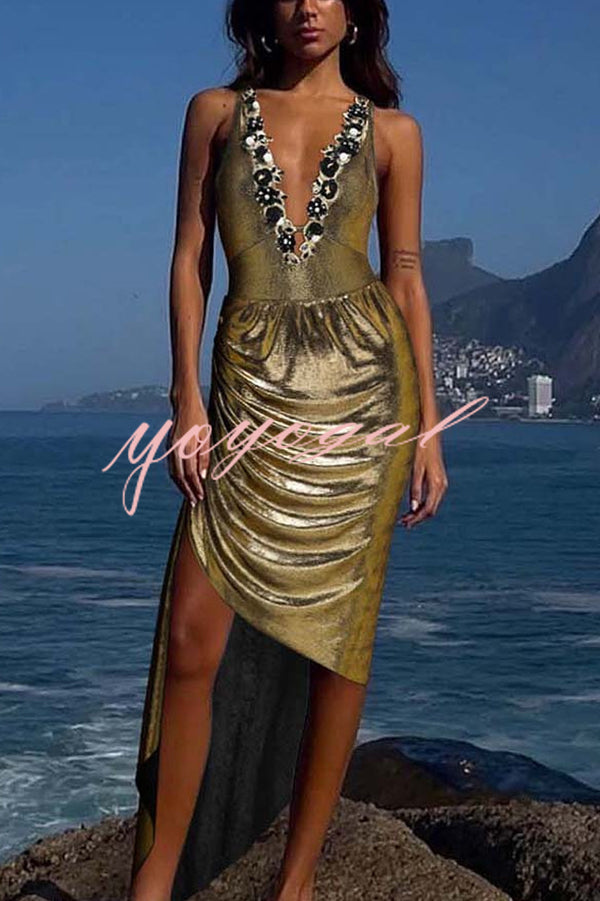 Solid Color Shiny Fabric Deep V Metal Embellished Stretch One-piece Swimsuit