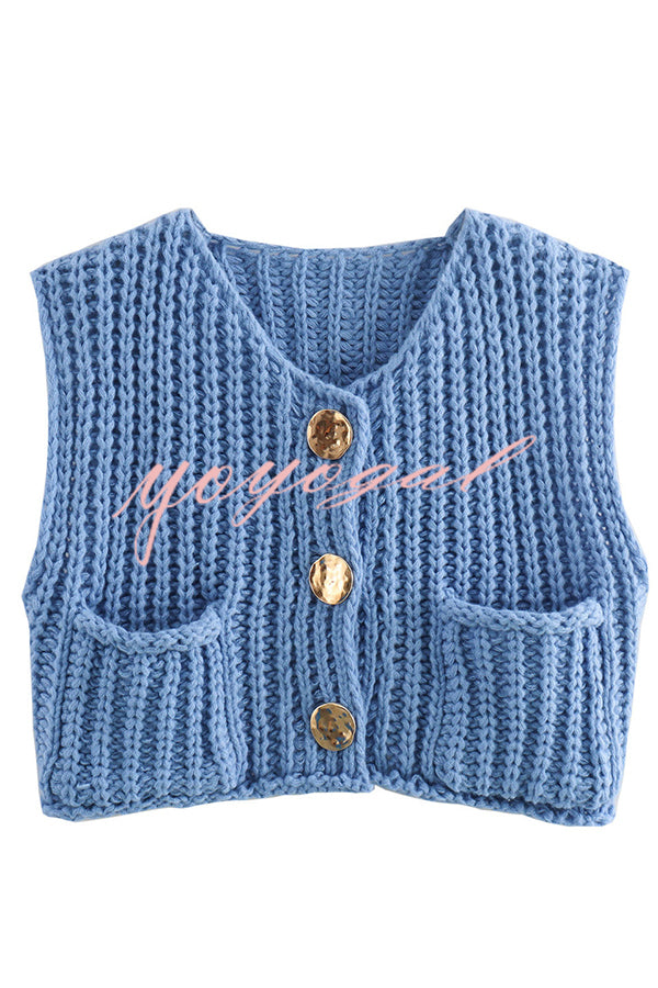 Solid Color Sleeveless Pocket Knitted Vest