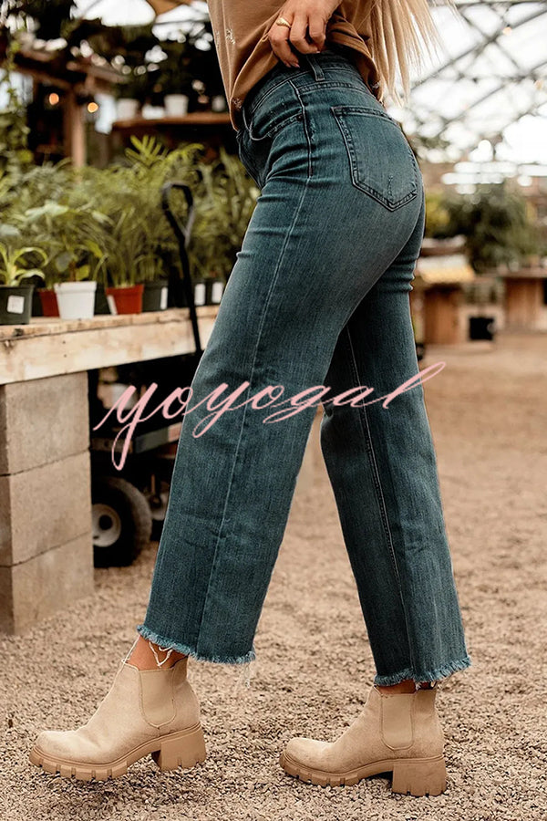 Stylish Raw-edge Mid-rise Pocket Stretch Straight-leg Jeans