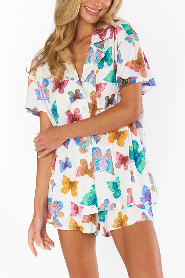 Summer Adventures Unique Print Pocket Loose Shirt and Elastic Waist Shorts PJ / Vacay Set