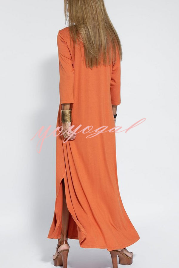 Solid Color V-neck Casual Slit Maxi Dress