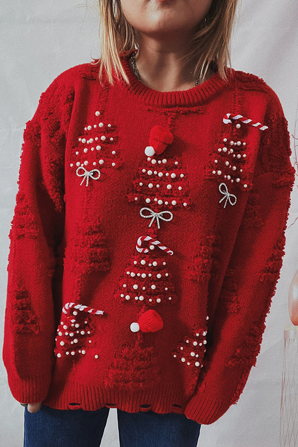 Christmas Pattern Knitted Crew Neck Long Sleeved Sweater