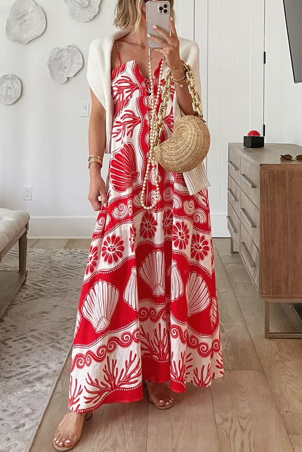 Beautiful Shell Unique Print Front Lace-up Loose  Maxi Dress