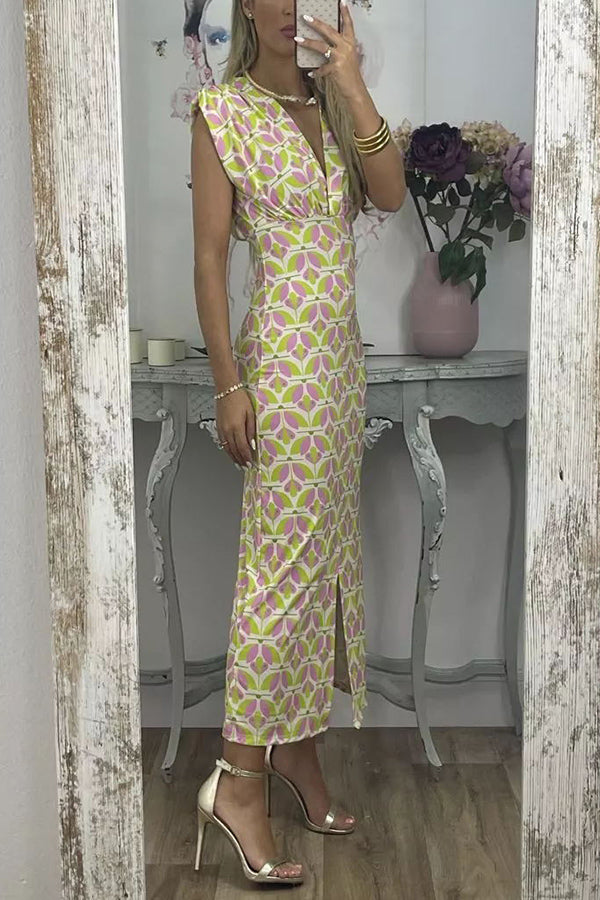 Forever Here Printed Padded Shoulder Front Center Slit Midi Dress