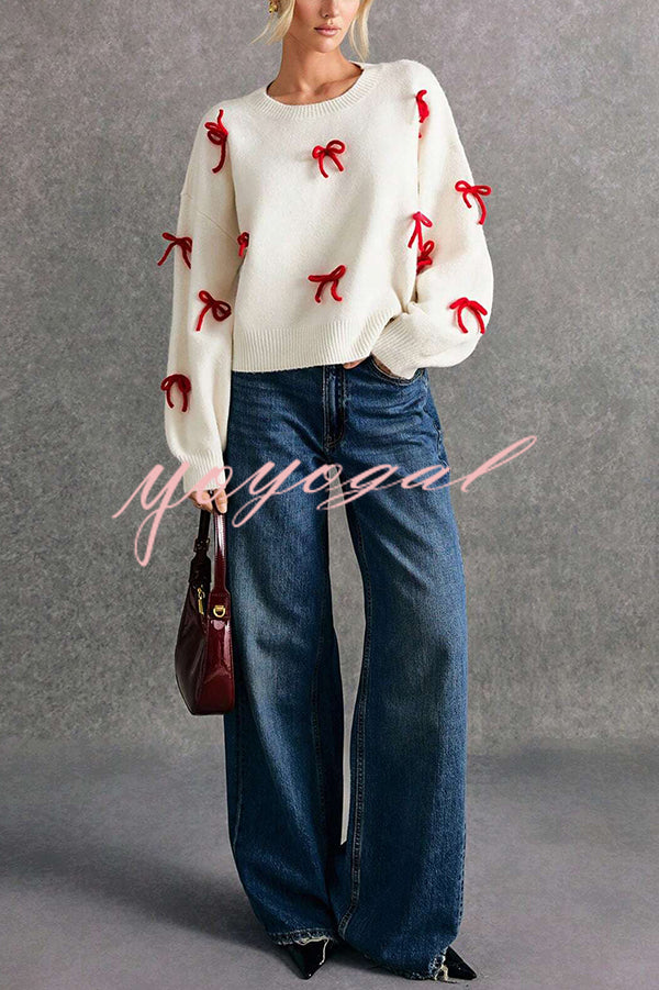 Christmas Bow Round Neck Loose Long Sleeve Knitted Sweater